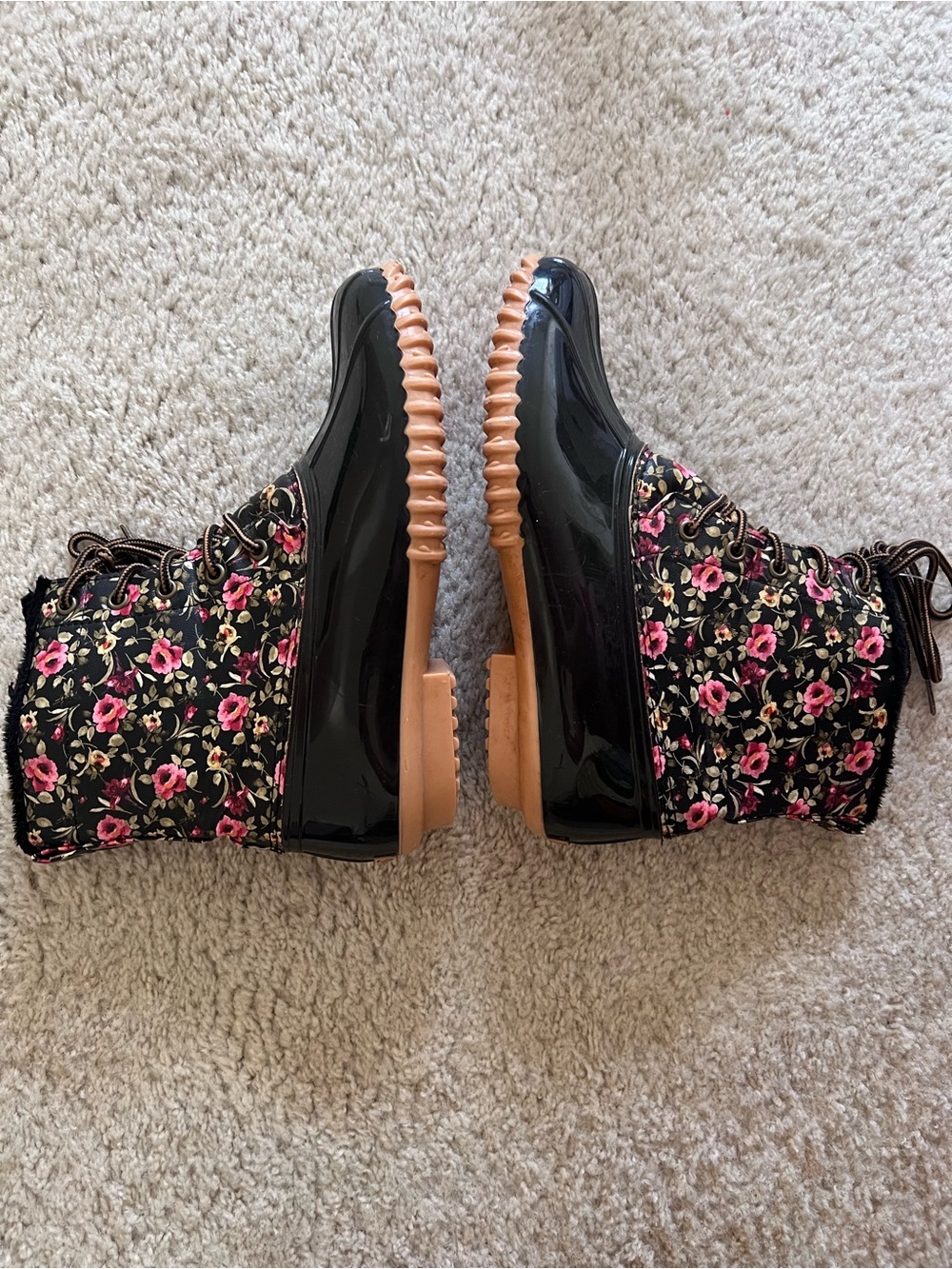 Sporto Brown Rubber with Pink Floral Lace-Up Rain & Snow Boots Women 9 GUC - Picture 4 of 12